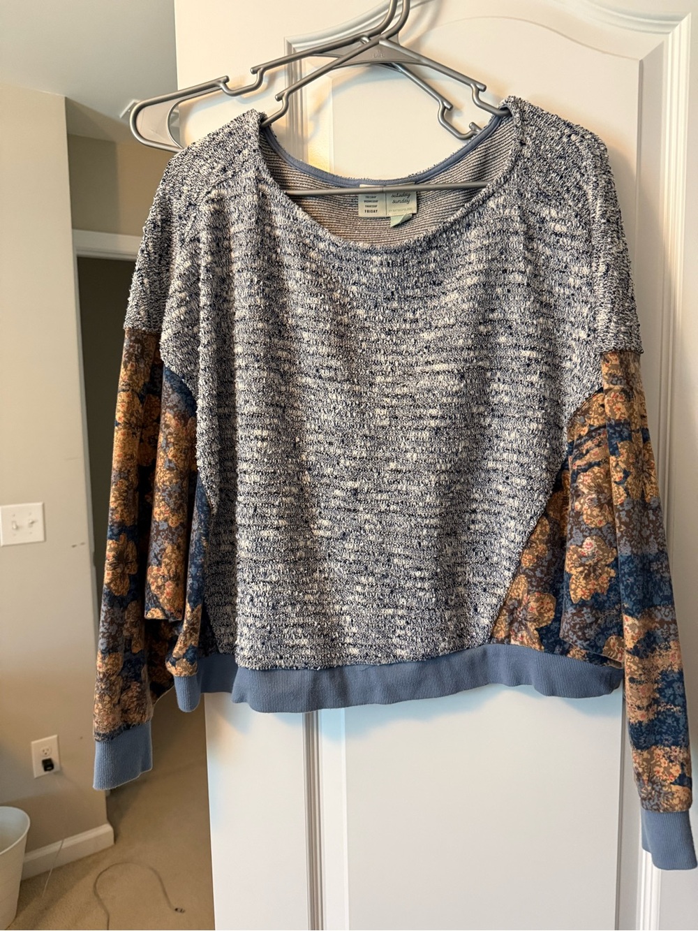 Anthropologie Cozy Blue Flecked Knit Sweater with Floral Sleeve Panels
